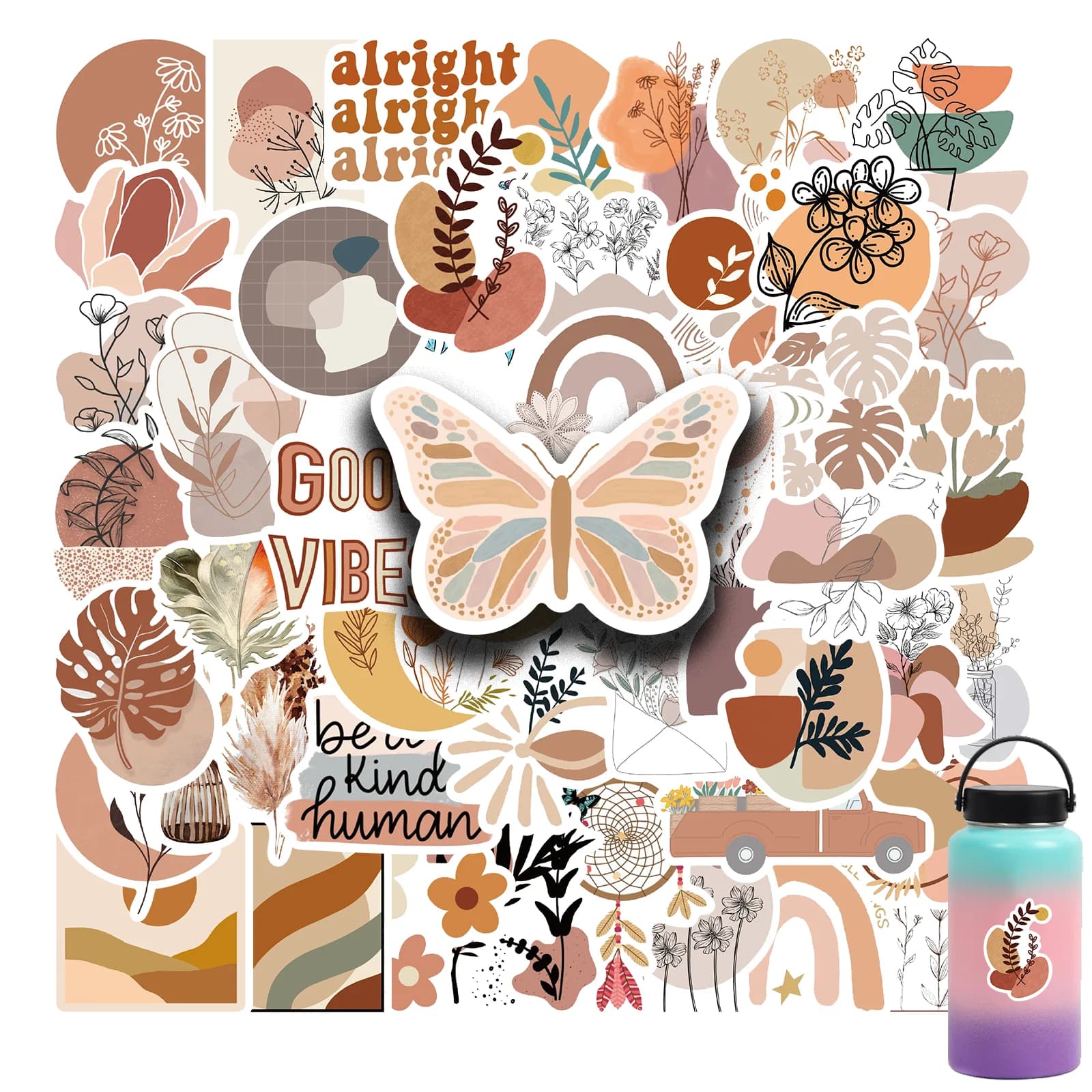 50PCS INS Vintage Art Bohemia Vinyl Waterproof Stickers Decals for Water Bottle Laptop Skateboard Scrapbook Luggage Kids Toy