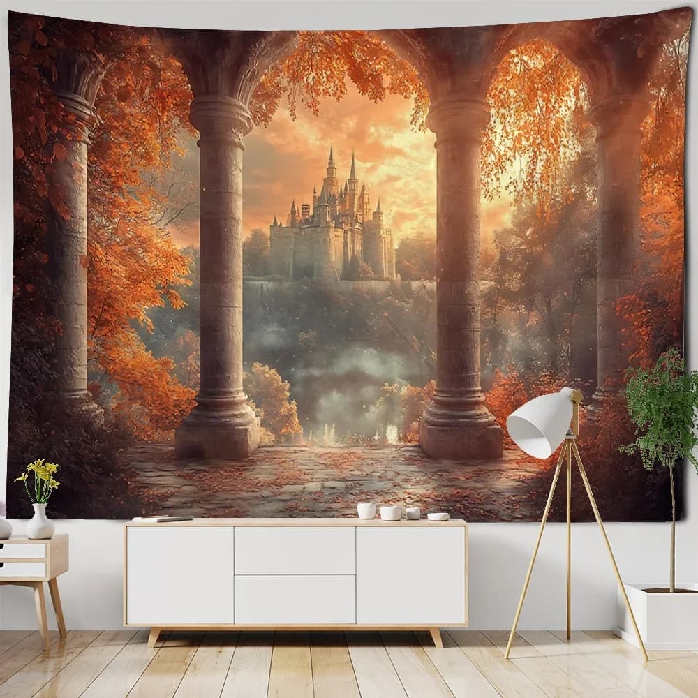 Dreamy castle background wallpaper, bedroom tapestry, cartoon decoration, hippie aesthetic home wall hanging, yoga mat