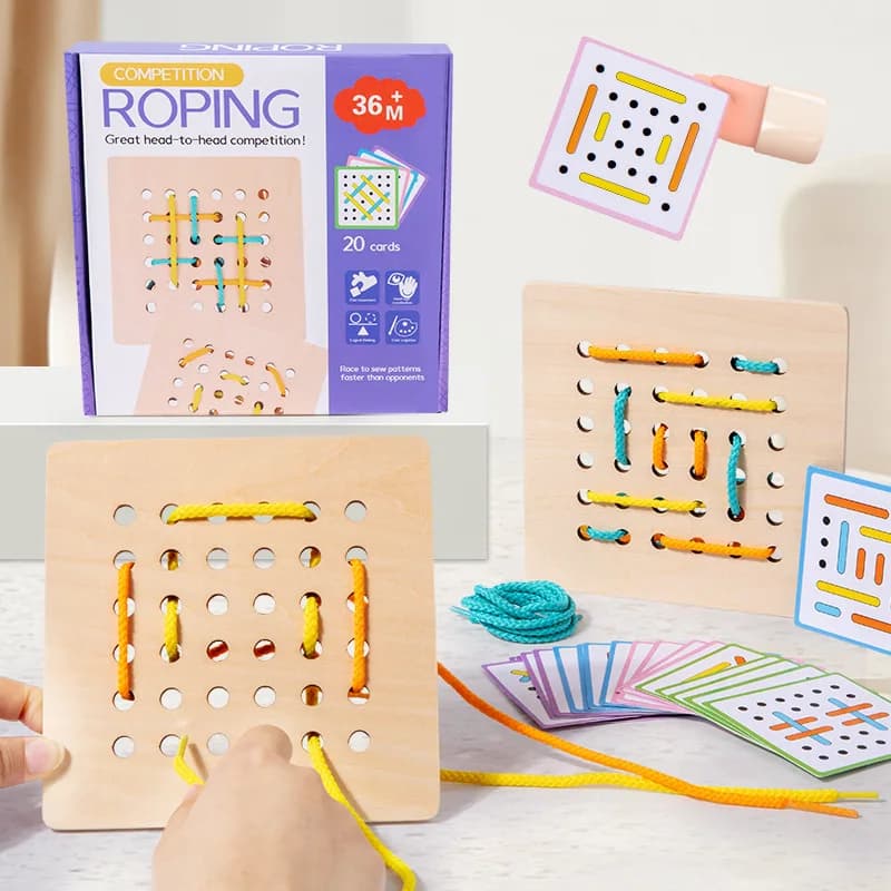 Blocco di materie di materiali manipolativi per tavola di corda in legno Montessori - Giocattoli educativi grafici con 20 carte e 6 corde