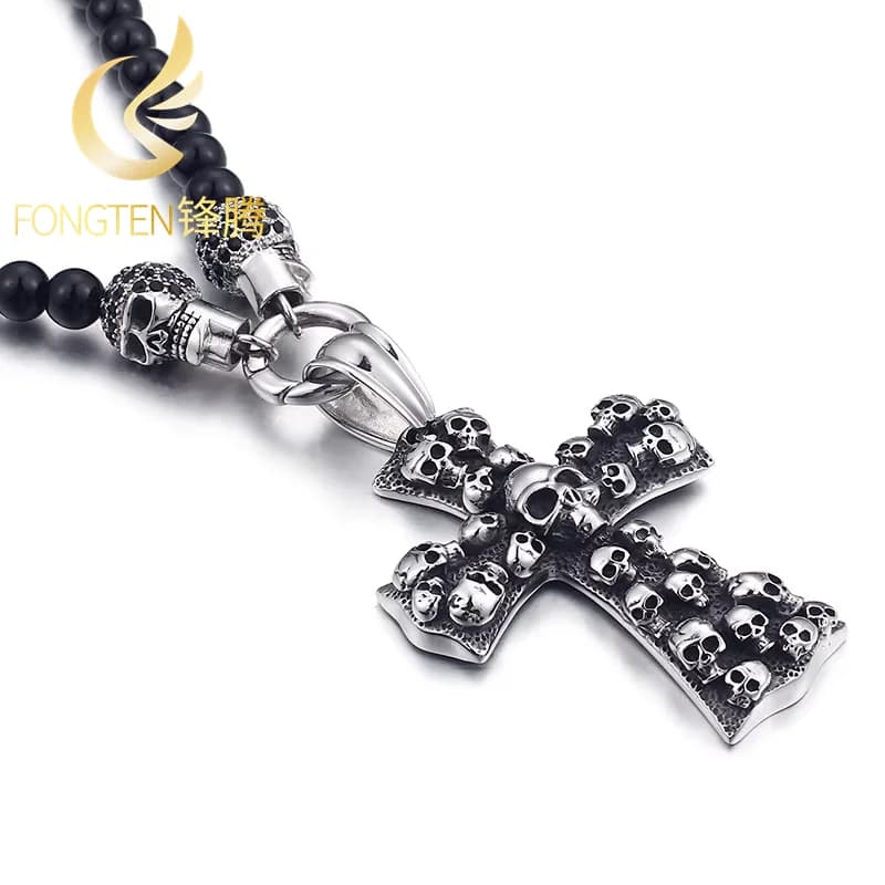 Fongten Cross Skull Charm Pendant Necklace For Men Stainless Steel Glass Beads Chain Long Necklaces Men Gothic Skeleton Jewelry