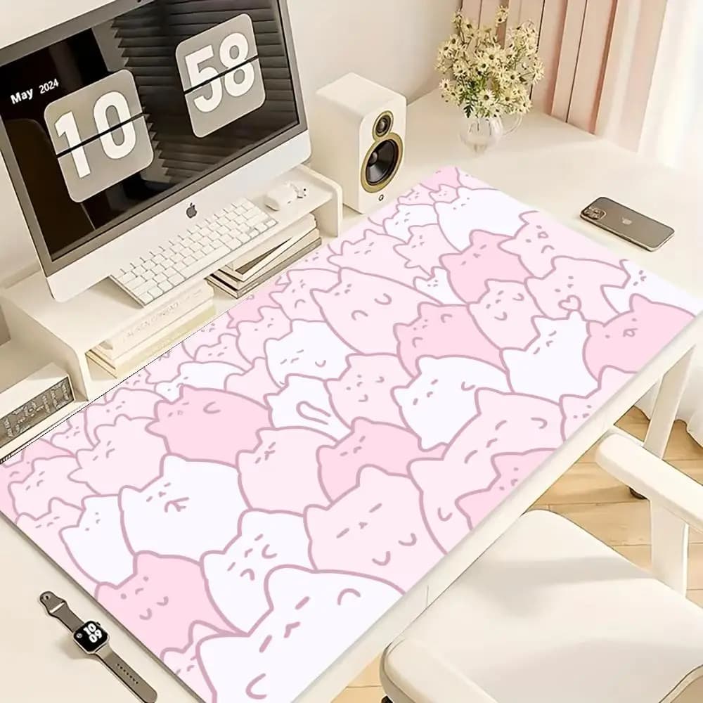 Gaming Mouse Pad,Large Desk Mat,Anti-slip Rubber Base,Stitched Edges,Cute Pink & White Cat Pattern Art for Office & Gaming Setup