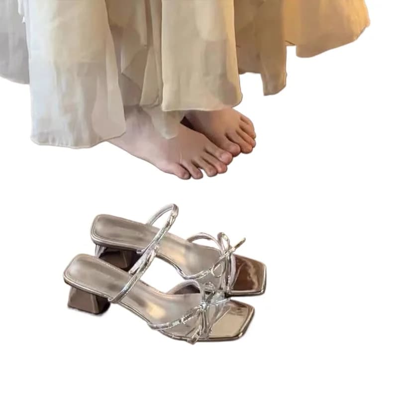 Summer Women's Thin-strap Sandals All-match Outdoor Wear Fashionable Square Toe Open Toe Bowknot Thick Heel High Heels Slippers