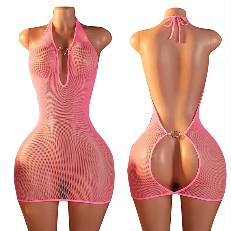Abito Aderente in Rete Rosa Trasparente per Donna, Body Esotico con Scollo a V Profondo, Lingerie Sexy con Collo all'Americana e Schiena Scoperta, Costume Erotico