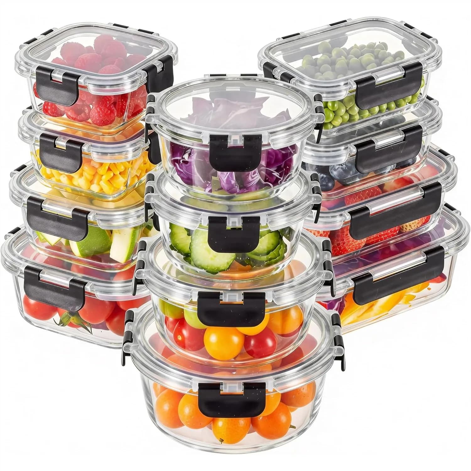 Set di 12 Contenitori in Vetro per Alimenti con Coperchi, Scatole Ermetiche per Preparazione Pasti, Ermetiche e Anti-perdita per Microonde e Forno