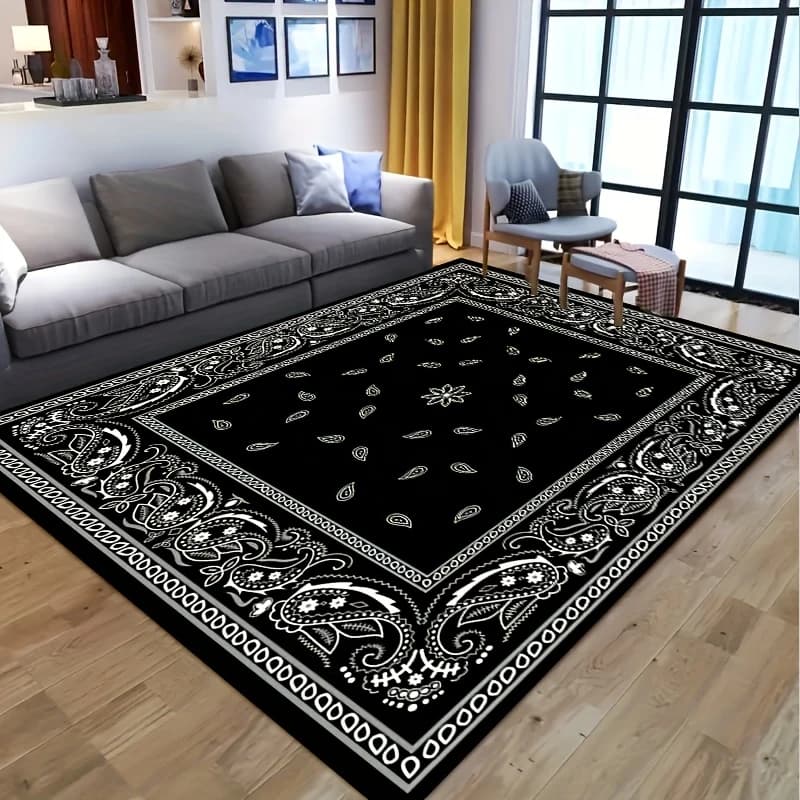 Tappeto VIKAMA West Coast Paisley, antiscivolo, lavabile, con stampa a bandana, nero e bianco, a forma di goccia, per patio, soggiorno, camera da letto