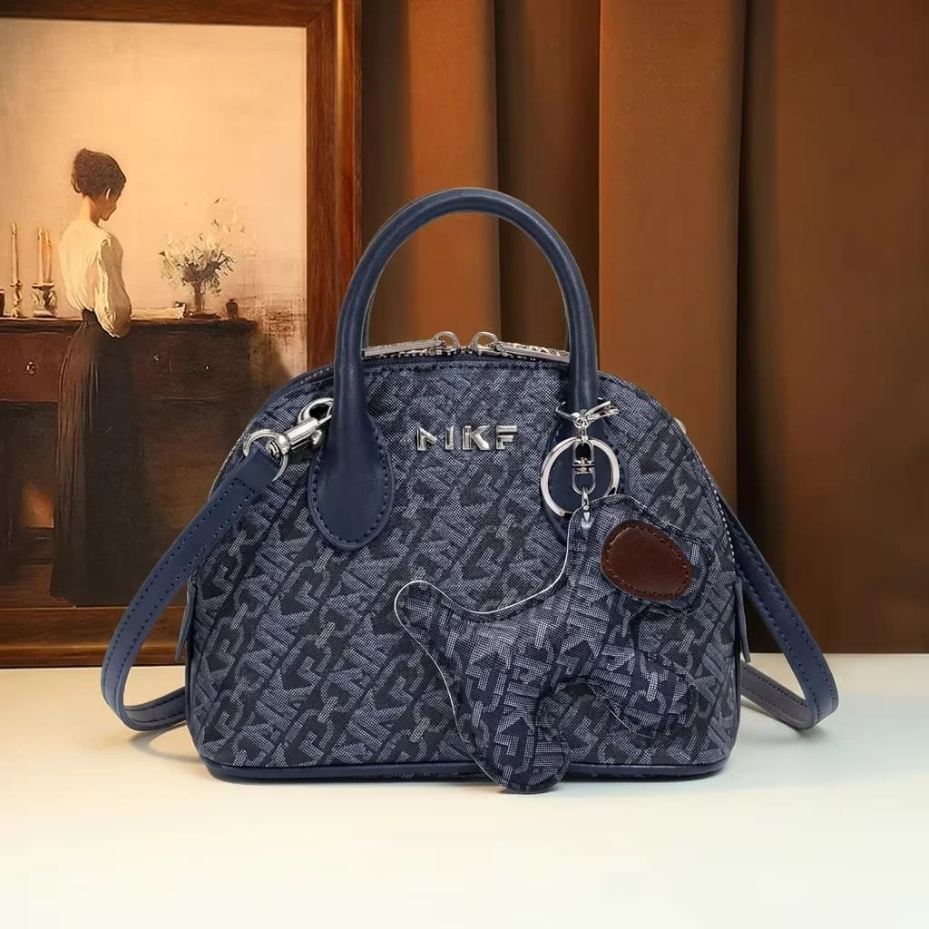 Vintage Monogram Dome Bag with Pony Charm, Luxury Designer Navy Blue Shell Handbag, Trendy Top Handle Crossbody Shoulder Purse