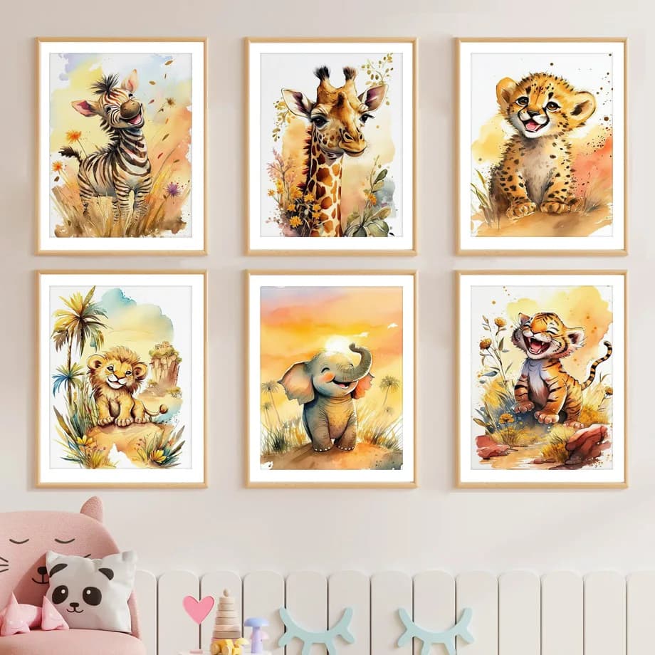 (No frame)Zebra Elephant Tiger Lion Giraffe Cheetah Safari Nursery Wall Art Canvas Painting Posters And Prints Picture For Ba