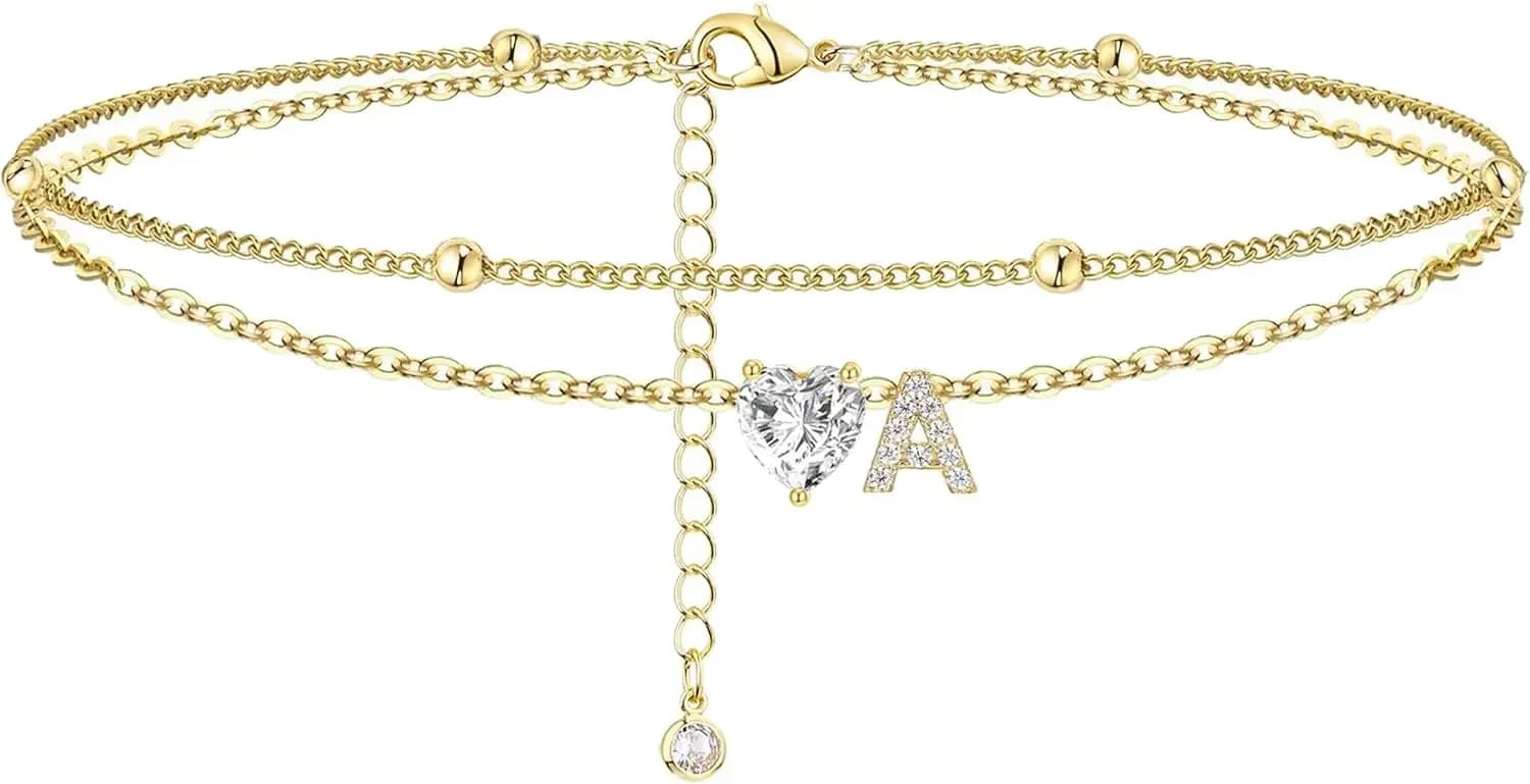 Cavigliere da Donna Impermeabili Placcate Oro 14K con Iniziali CZ, Delicate e Stratificate