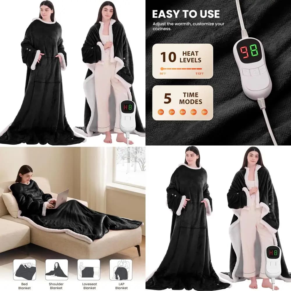 Coperta riscaldata elettrica indossabile con maniche e tasche sui piedi - Riscaldamento regolabile a 10 livelli, spegnimento automatico, felpa con cappuccio in flanella (50x75, B