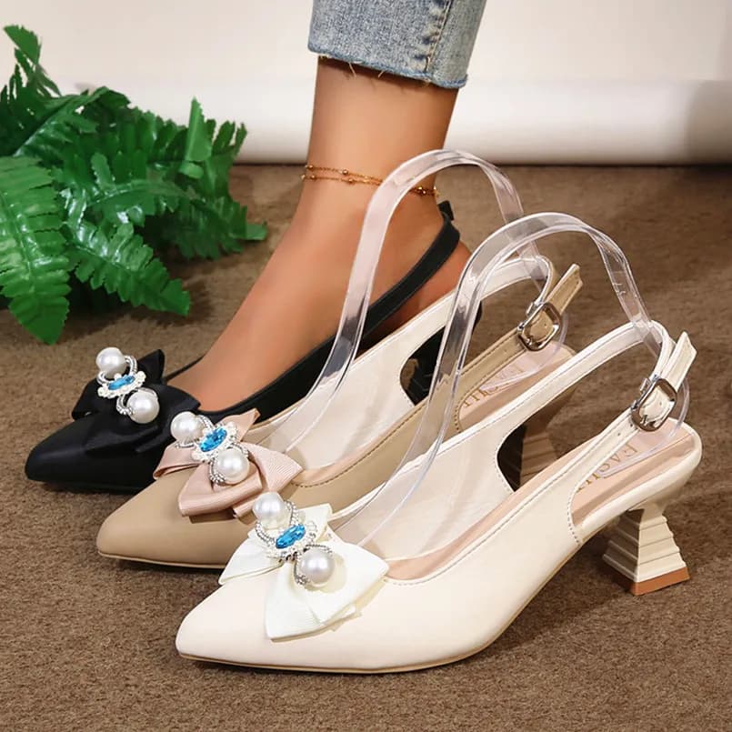 Women's Fashion Pointed Toe High Heels Rhinestone Pearl Decor Casual Thin Heel Solid Color Female Shoes Tacones