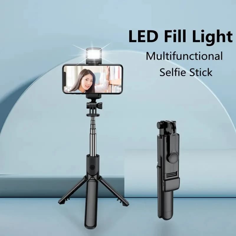 Wireless Bluetooth selfie stick tripod with remote extendable tripod with removable LED selfie light for Android Ios smartphone