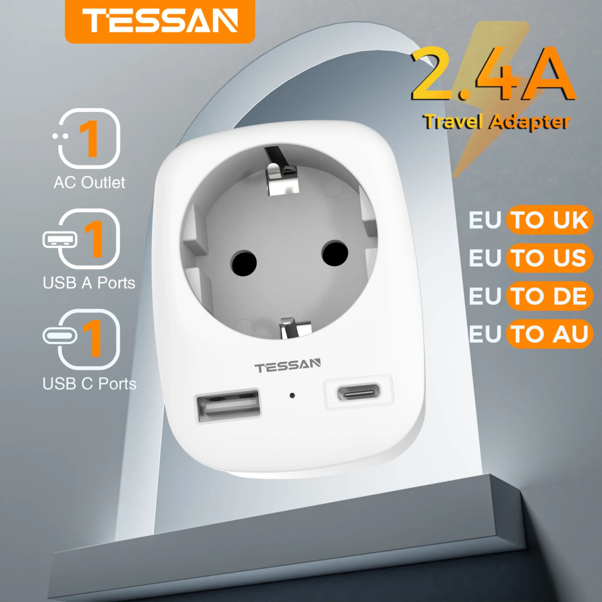 TESSAN EU To US UK DE AU BR Travel Adapter Portable Wall Socket with 1 AC Outlet 2 USB Ports Type G A I F Plug Travel Adapter