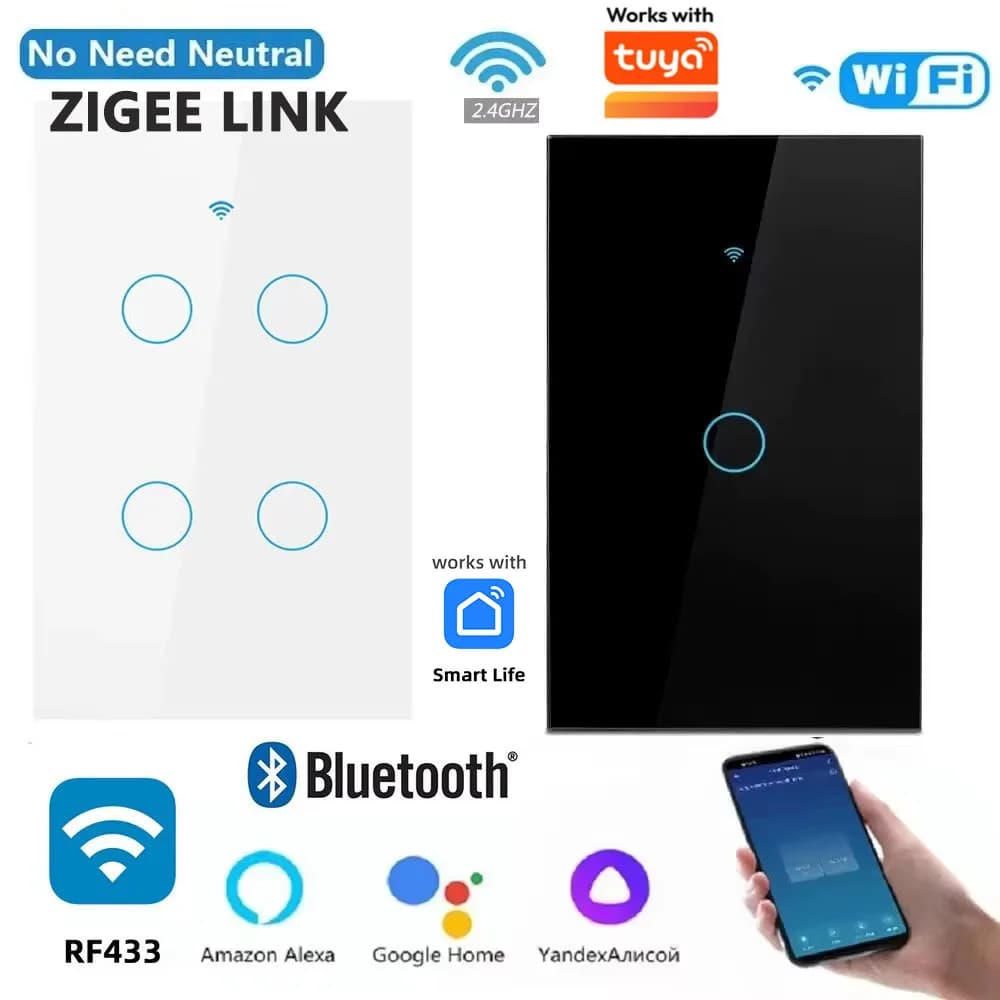 Tuya WiFi Smart Wall Switch US Touch Panel Light Switch 1/2/3/4 Gang No Neutral Required RF433 for Smart Life Alexa Google Home