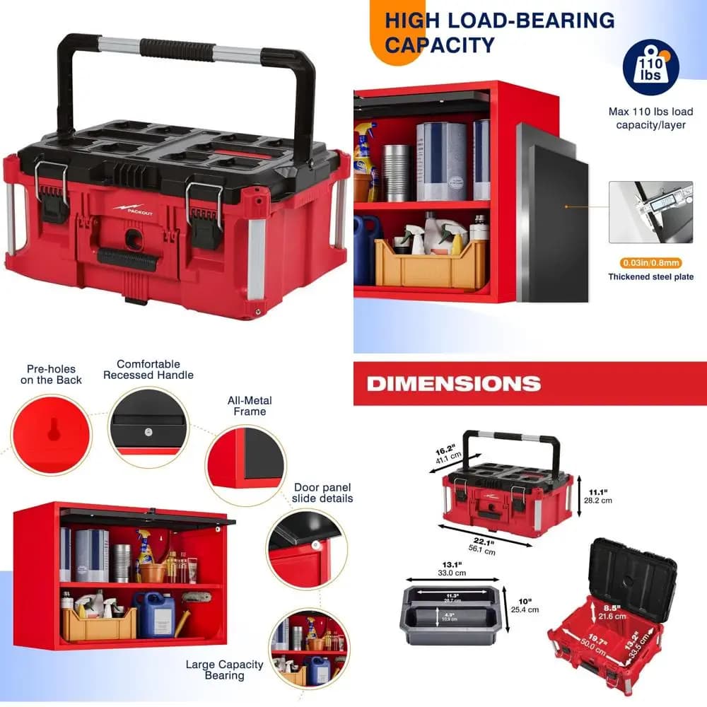 Large polymer toolbox with capacity of 100 pounds with large tool storage space - Size 22,1 x 16,1 x 11,3