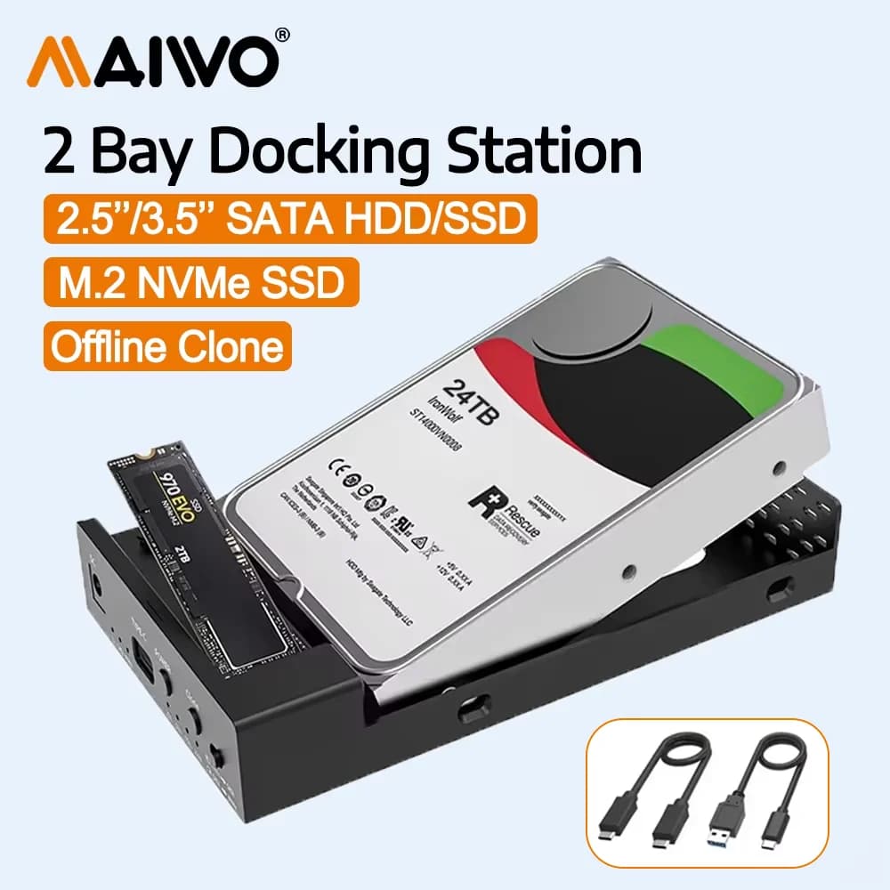MAIWO External Hard Drive Enclosure 10Gbps for M.2 NVMe SSD and 2.5/3.5 Inch SATA SSD/HDD Dock Station Bidirectional Clone Case