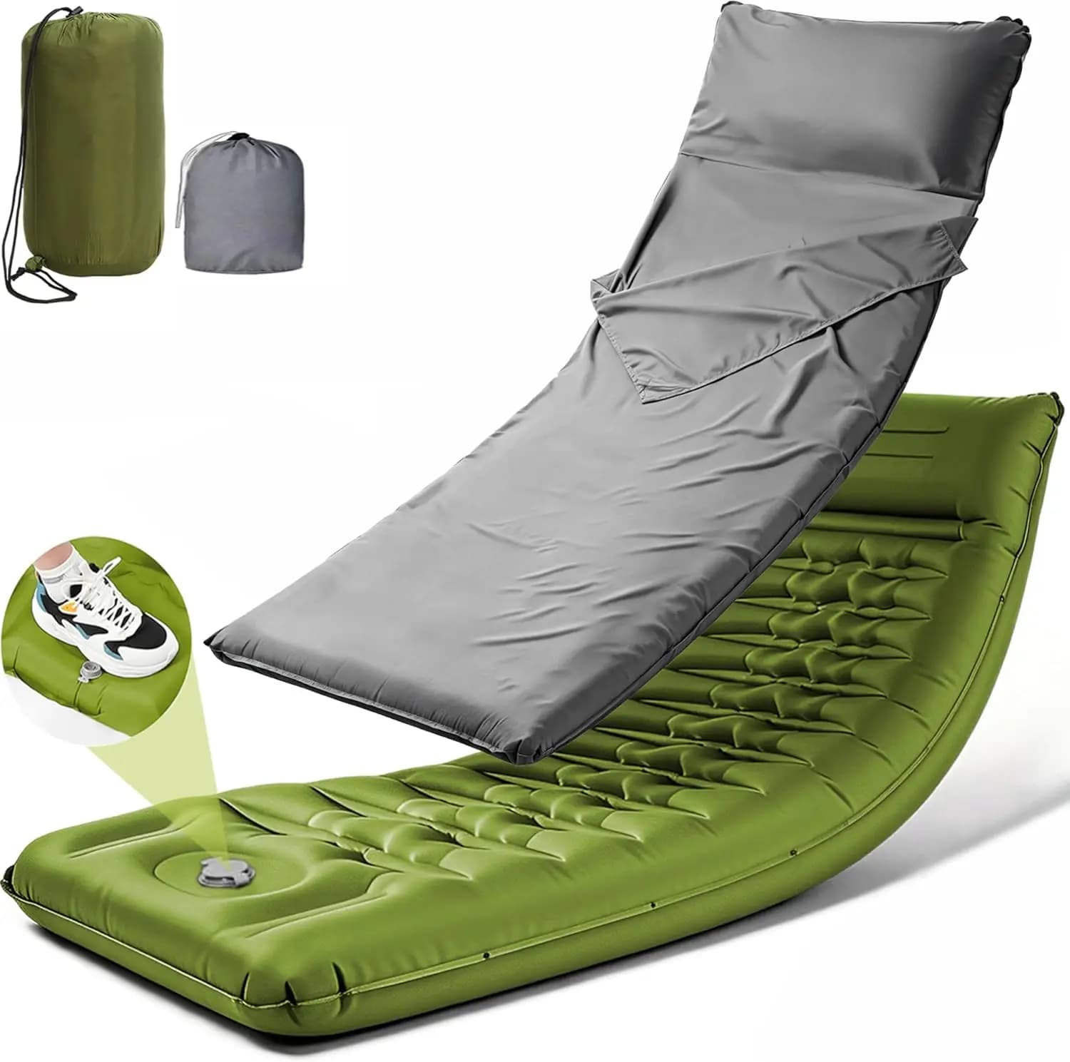 Green 5 Inch Thick Self-Inflating Camping Pad Foot Pump Pillow Matching Thin Liner Sheet For Outdoor Hiking Backpacking Travel Camping