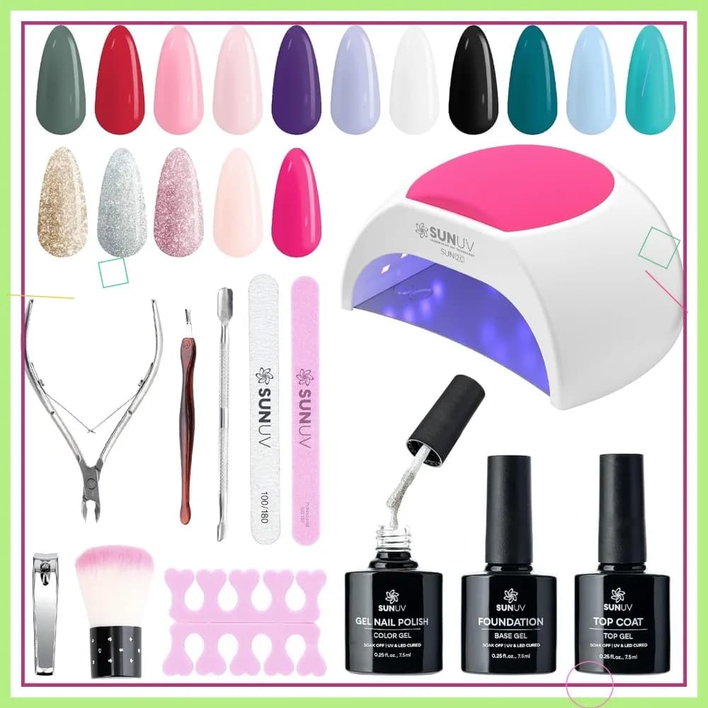 Set of nail gels in 16 colors with UV light, base and top coat, gift set of 8 tools for women manicure
