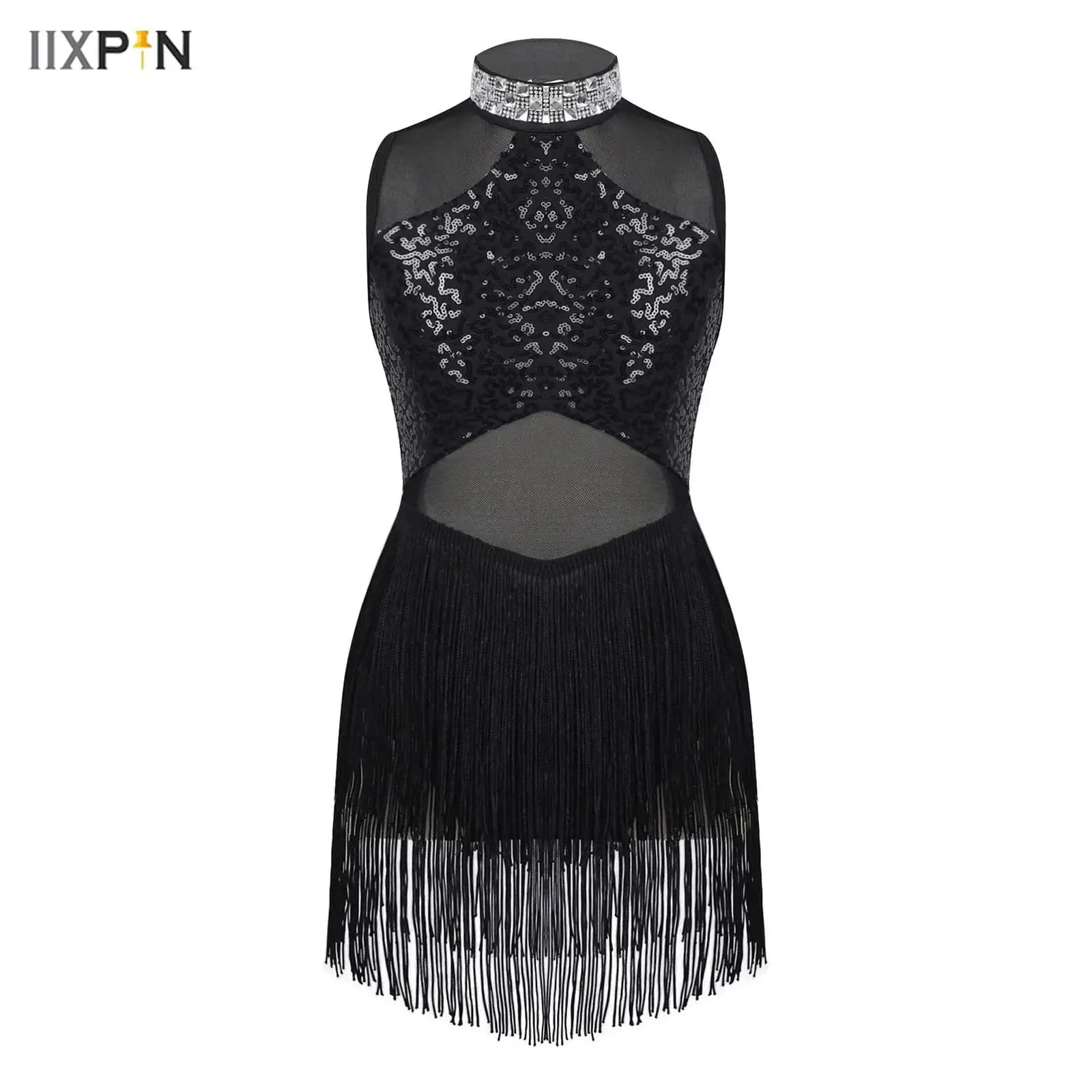 Ragazze dei capretti Paillettes lucide Nappa Vestito da ballo latino jazz Pattinaggio di figura Body in rete Dancewear Costume da ballo per feste