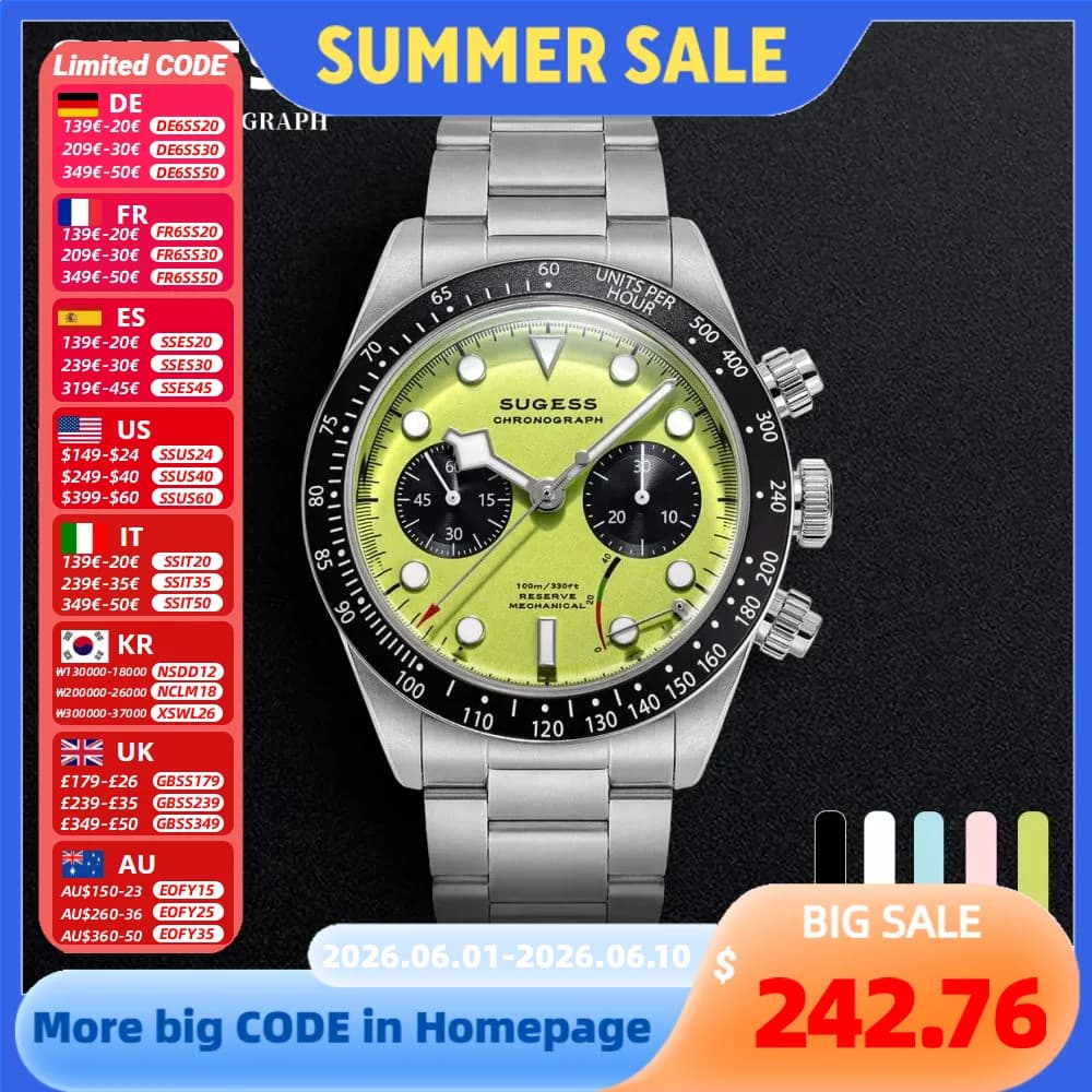 Sugess Pilot Watch Uomo Cronografo ST1907 Movimento Air Force Meccanico Vetro Zaffiro Orologi da polso Impermeabile Colorato S457