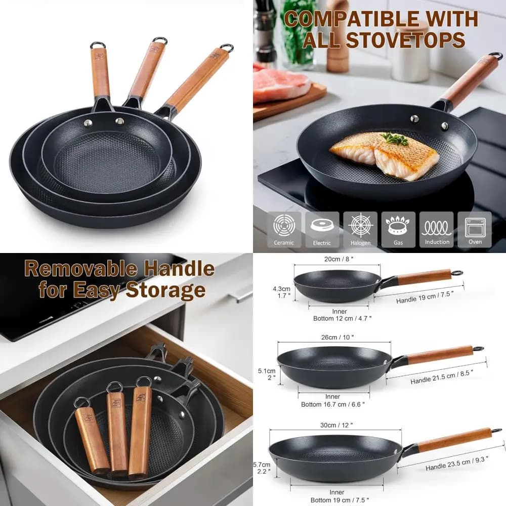 Set of non-stick pans with honeycomb omelets, 3 piece cast iron pan, 8, 10 and 12 inch, removable wooden handle