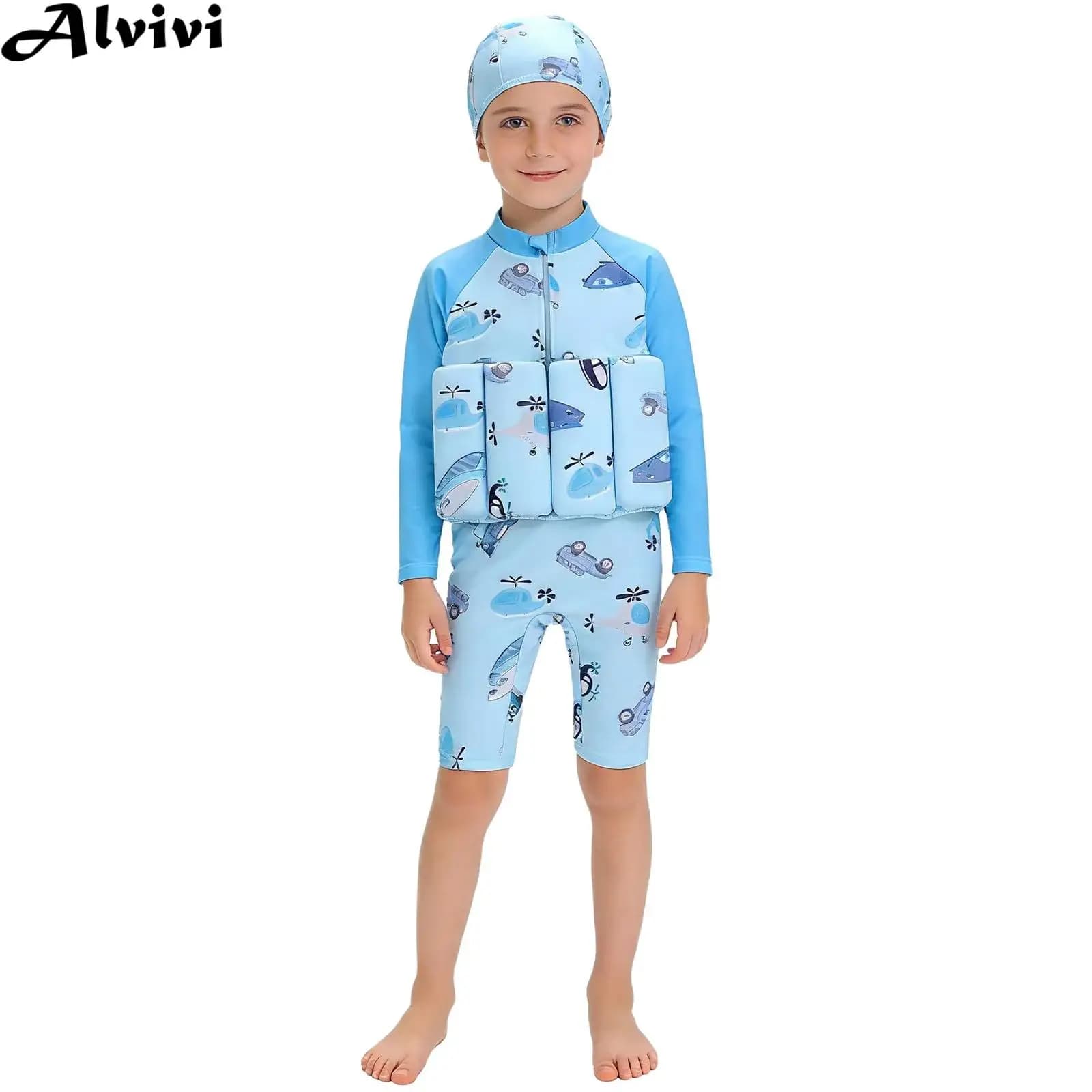 Floating swimsuit for children with long sleeves with hood for pool, beach and swimming learning