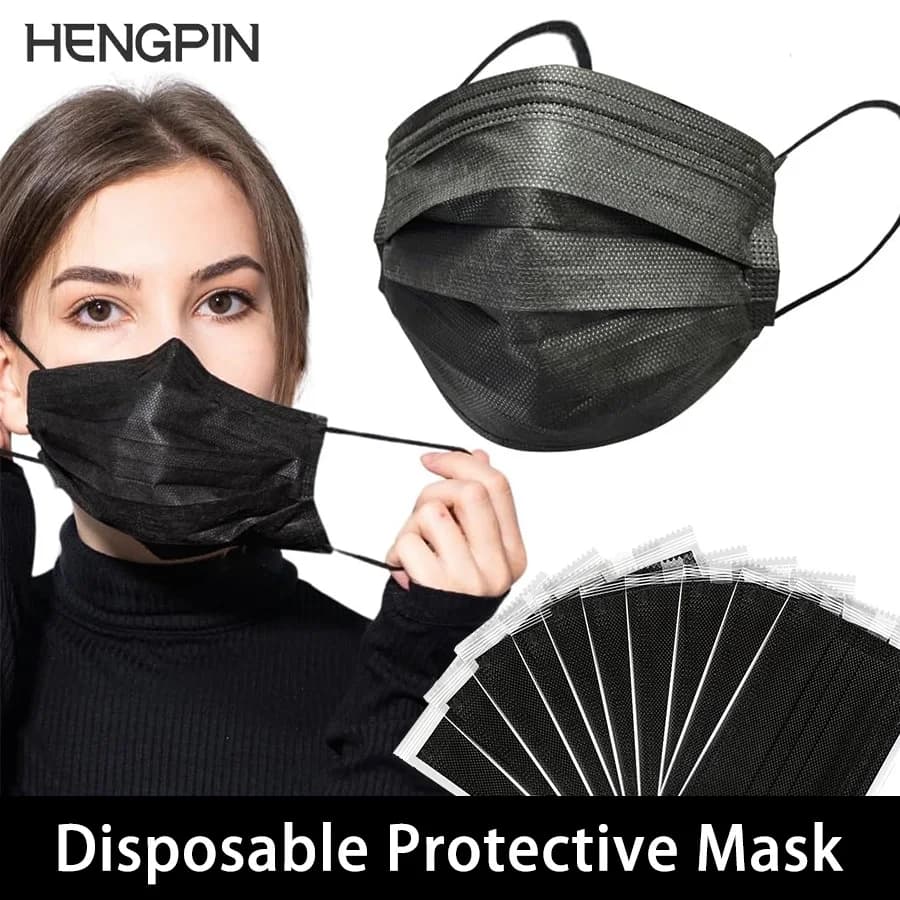 HENGPIN 100/200pcs Black Mask Disposable Protective Face Mask Separate Package Independent Packag 3 Layer Ply Breathable Daily