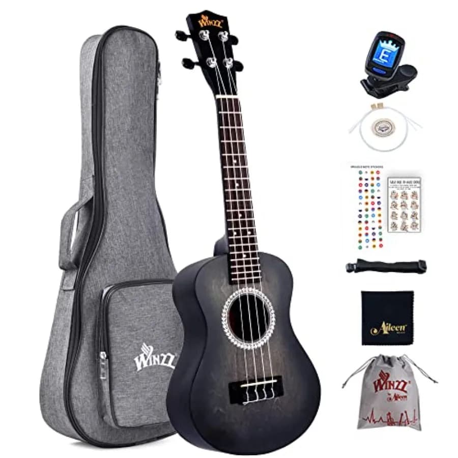 Ukulele da Concerto 23 Pollici Nero, Kit per Principianti Adulti con Design Colorato Unico