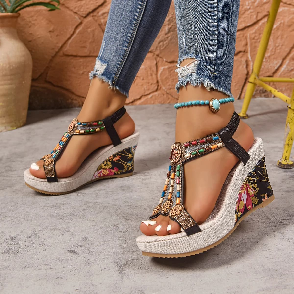 Nuovi Sandali Estivi Bohemien con Zeppa e Punta Aperta, Sandali Slip-on da Donna alla Moda Taglie Forti, Lusso Dubai Eleganza Islamica