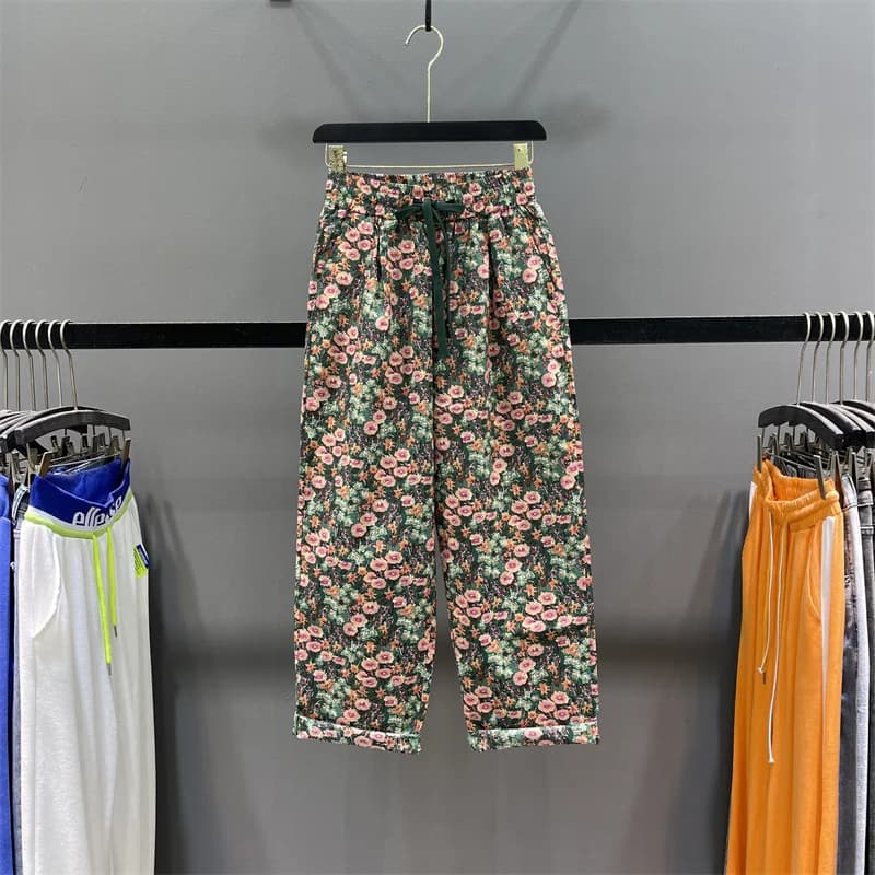 Korean Style Casual Floral Wide Leg Pants Women's Summer Thin Drawstring Elastic Waist Loose Straight Dad Jeans