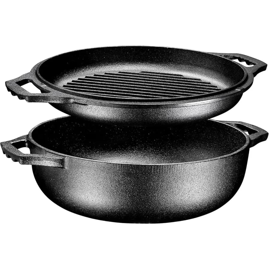 Padella doppia brasatrice per cocotte in ghisa smaltata 2 in 1 con coperchio per griglia per barbecue all'aperto e cottura al coperto Padella antiaderente Pa