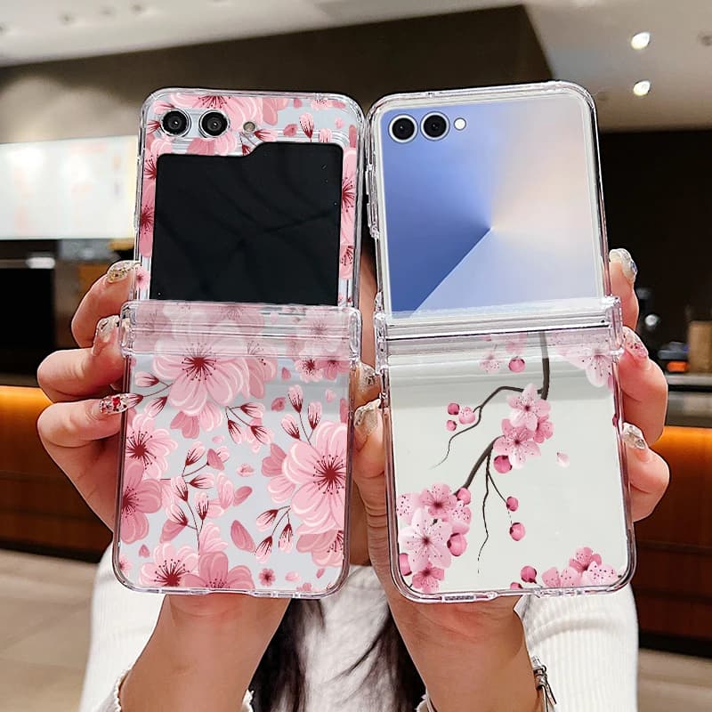 Cover per Telefono con Stampa Floreale Rosa per Samsung Galaxy Z Flip7 Flip6 Flip5 Flip4 Flip 7 FE 6 5 3 5G, Custodia Rigida Trasparente in PC Pieghevole