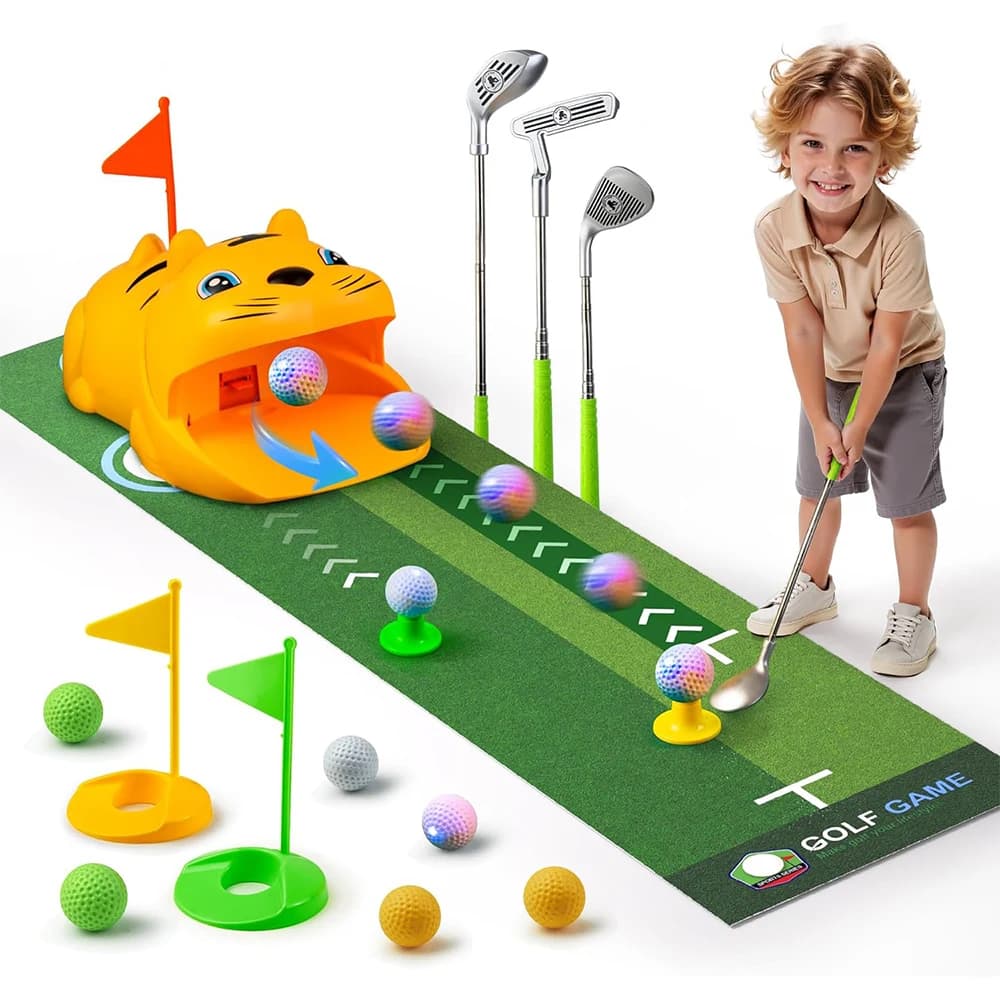 Set da golf per bambini aggiornato con tigre che recupera automaticamente la palla, palline da golf luminose a LED per notte, giocattoli sportivi per interni ed esterni per bambini