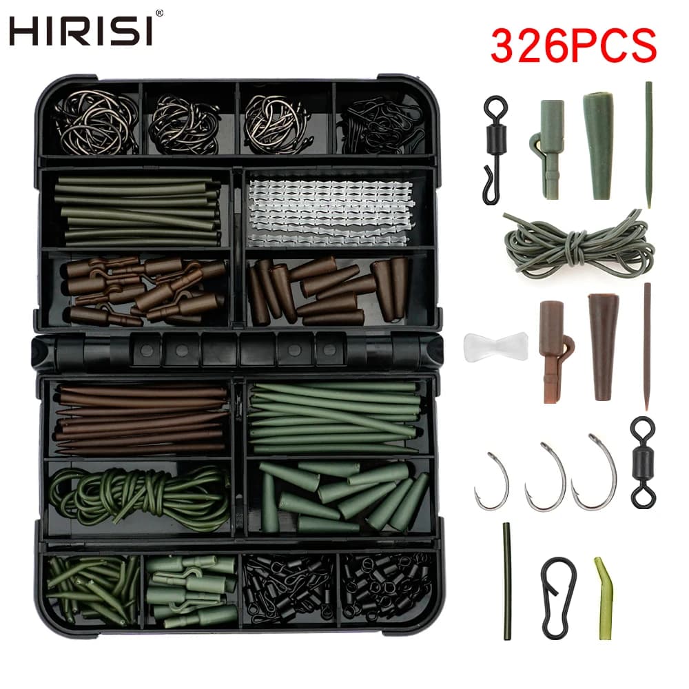 Hirisi 326 pieces Kit Fishing Equipment Candle Candle Fishing Scatta Fishing Spins Quick Exchange Rig Safety Lead Clips Rubber Anti-Group Sleeve