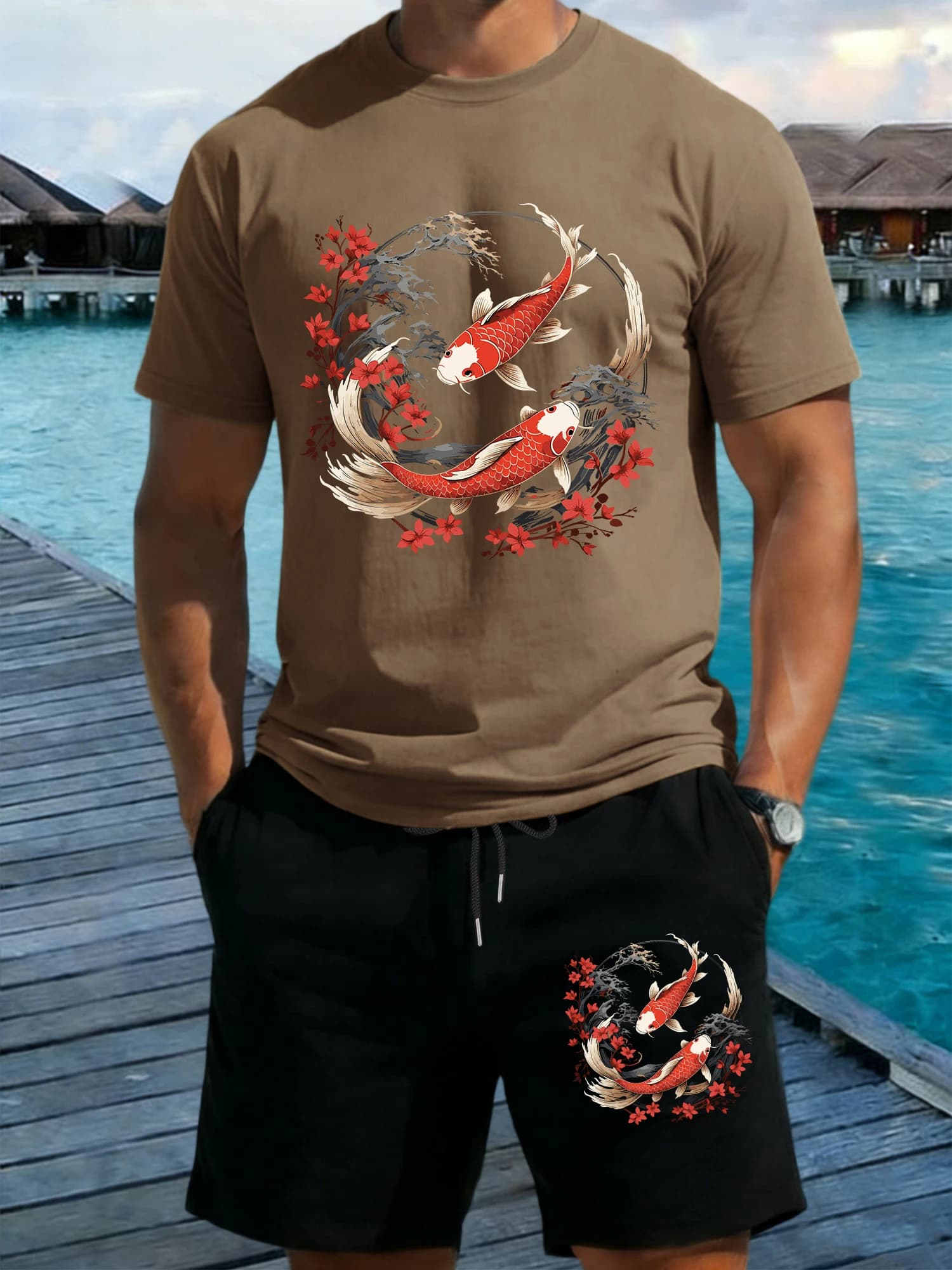 Set T-shirts and Men's Shorts in Cotton with Print Two Koi Fish that swim freely, T-shirt Girocollo Estiva con Tasche e Pantaloncini Neri a Gamba Larga con Coulisse