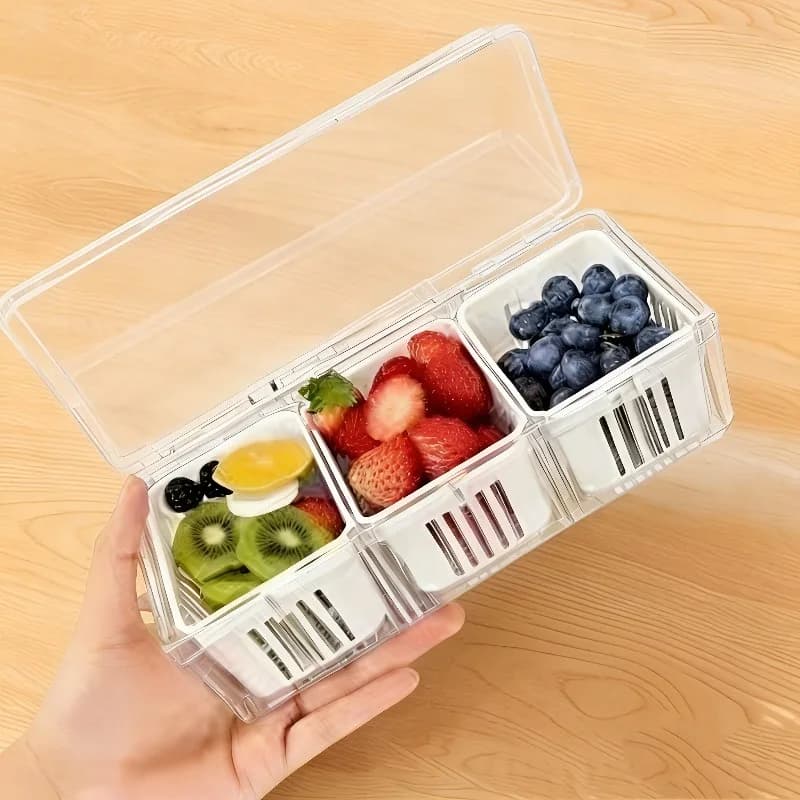 3 Grids Food Storage Container Square Transparent Fruits and Vegetables Drainage Preservation Box Kitchen Accessories with Lid