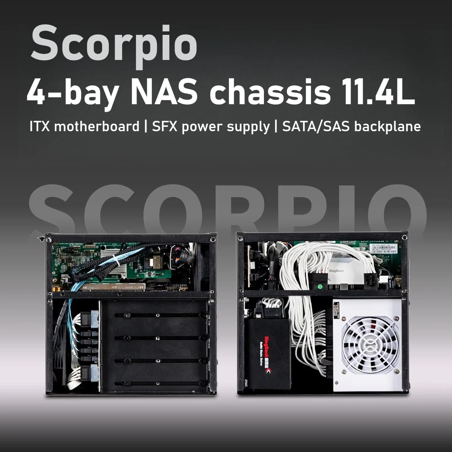 Scorpio Chassis NAS a 4 alloggiamenti Guscio in alluminio Alimentatore SFX Scheda madre Itx Feiniu Nero Servizio di archiviazione di synologia Piccolo telaio