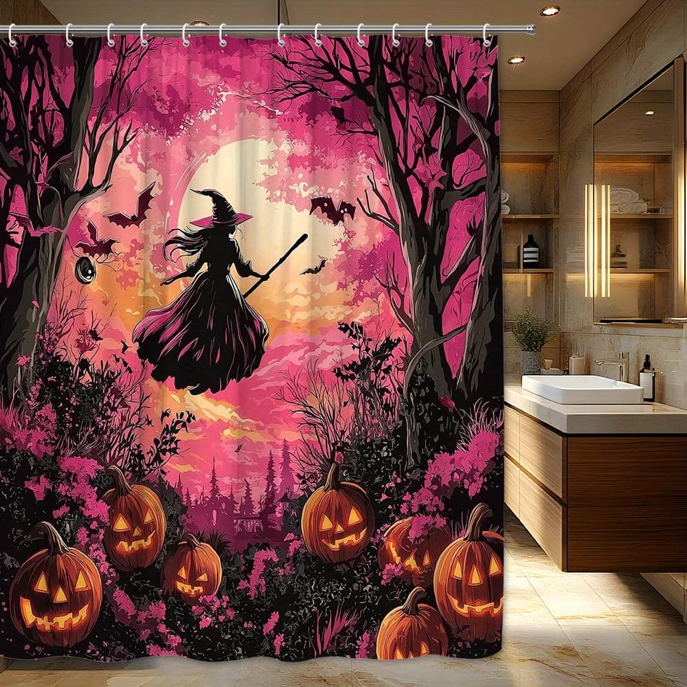 Tenda da doccia di Halloween con strega gotica da 1 pezzo - Strega volante spettrale su manico di scopa con design castello stregato, pipistrelli e zucche, Vibra