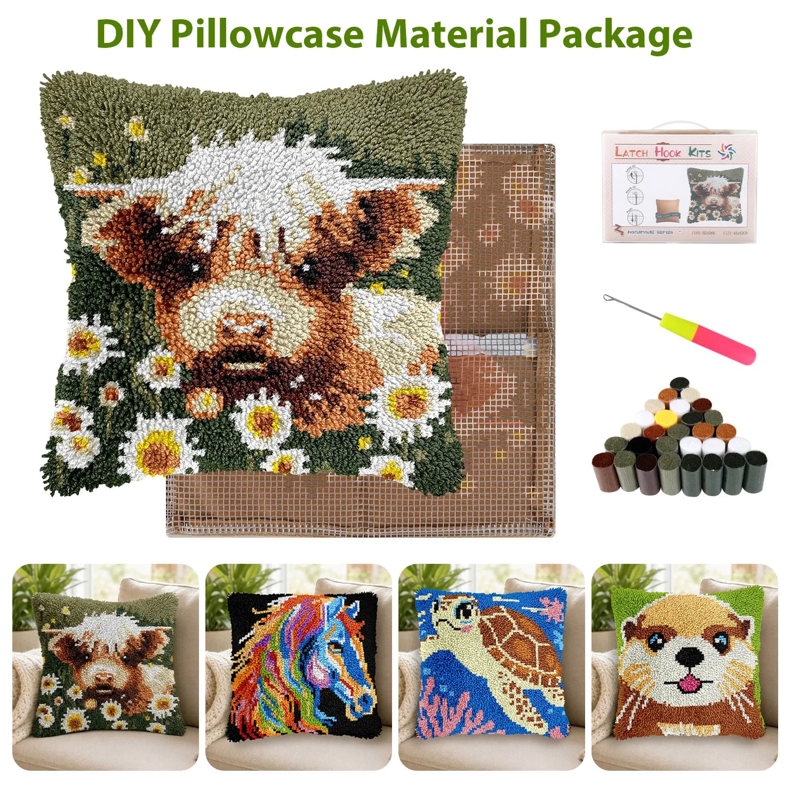 17x17in DIY Crochet Cushion Cover Handmade Craft Latch Hook Pillow Kit with Yarn Hook Embroidery Pillow for Adult Beginner Craft