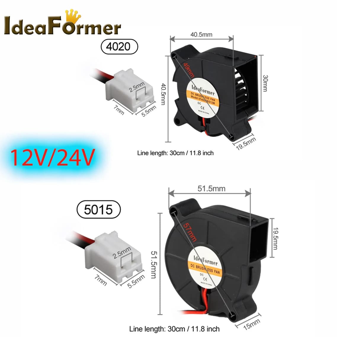 1 pz 4020/5015 ventilatore turbo ventola di raffreddamento senza spazzole DC 12 V e 24 V stampante 3D con 2 pin Dupont filo di raffreddamento 30 cm filo per J-testa