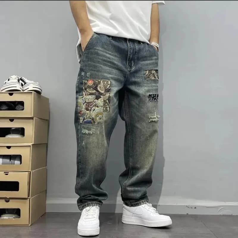 High End Ripped Patch Fabric Harem Pants for Men, Rugged and Handsome, Loose Straight Leg Denim Pants, Trendy Tapered Pants, Dad