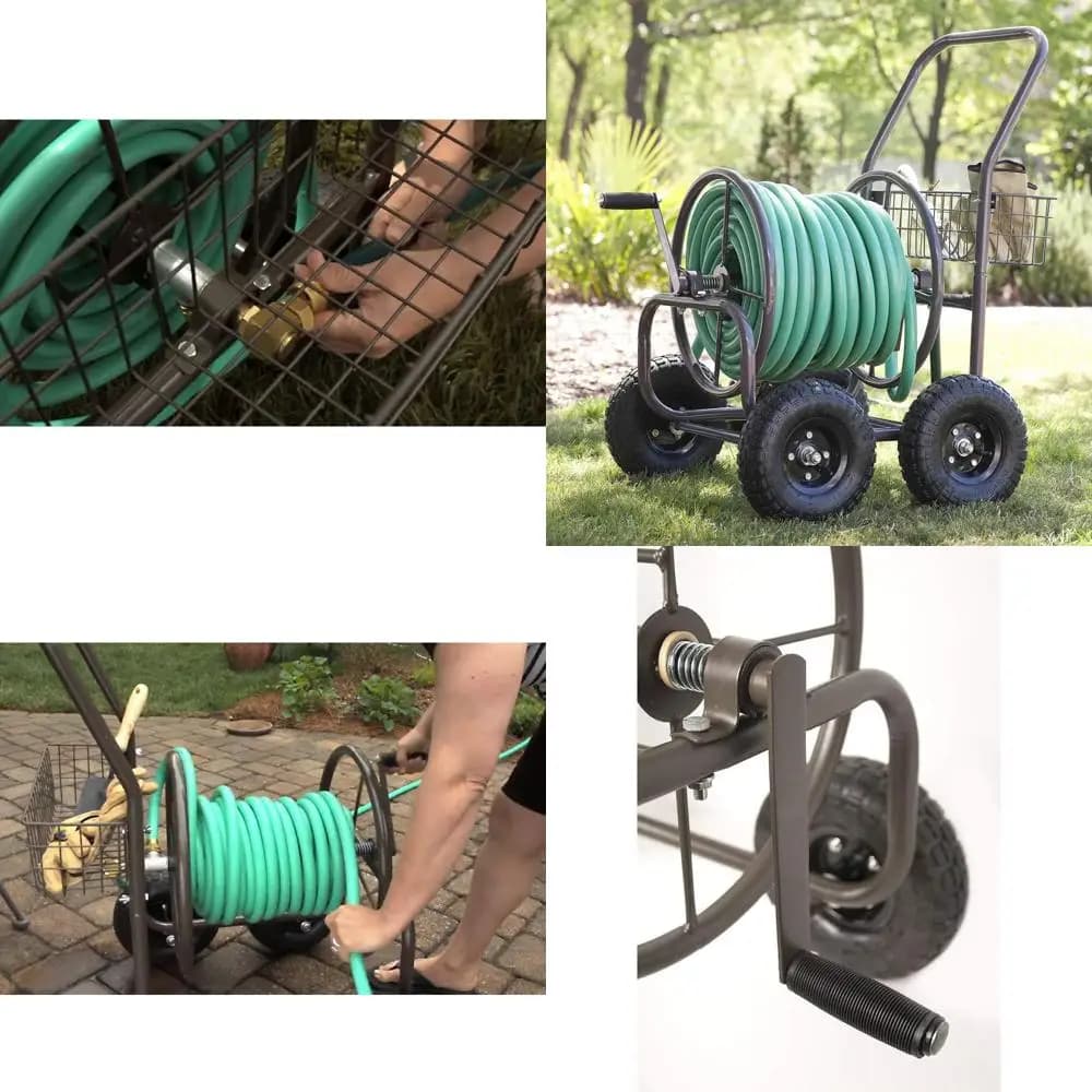 Carrello Porta Tubo Acqua in Acciaio da 76 Metri con Cesto per Esterni, Giardino o Casa in Marrone e Bronzo