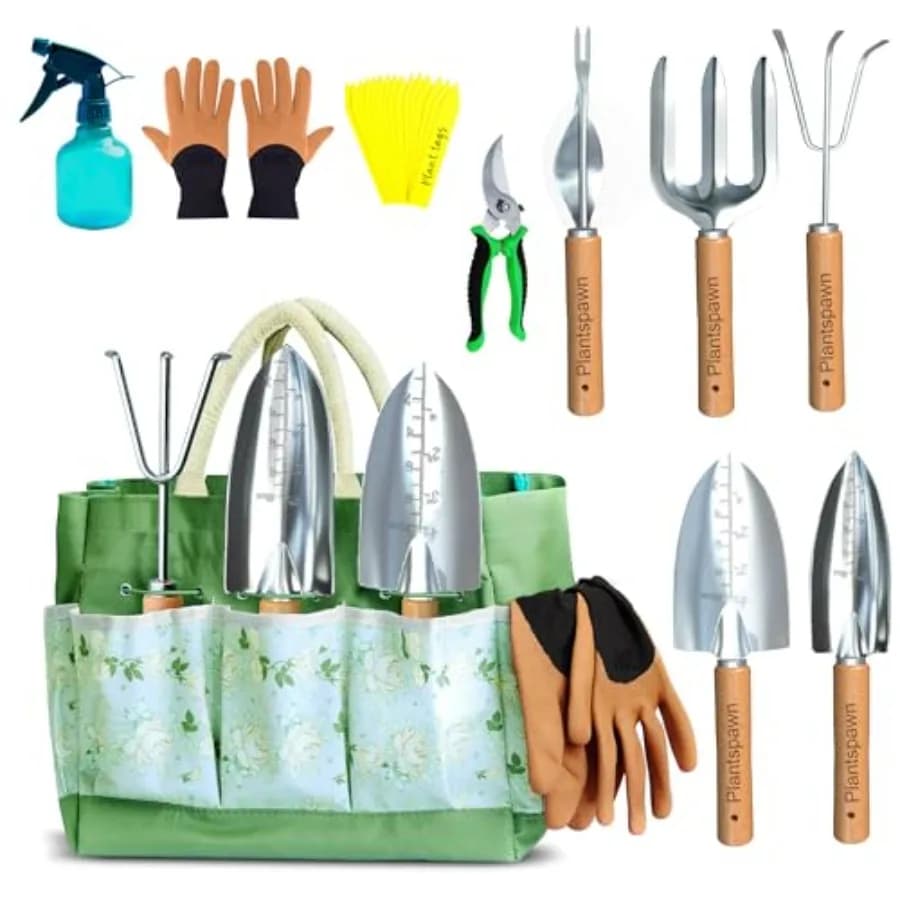 Set di attrezzi da giardinaggio da 9 pezzi con custodia Utensili manuali antiruggine resistenti con manici in legno e 15 etichette per piante Perfetti per