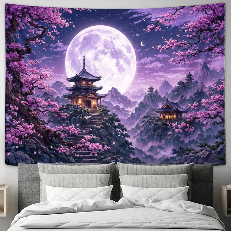 Japanese Moonlight Sakura Pagoda Mountain Landscape Wall Tapestry Machine Washable All Season Print Oriental Fantasy Design Home