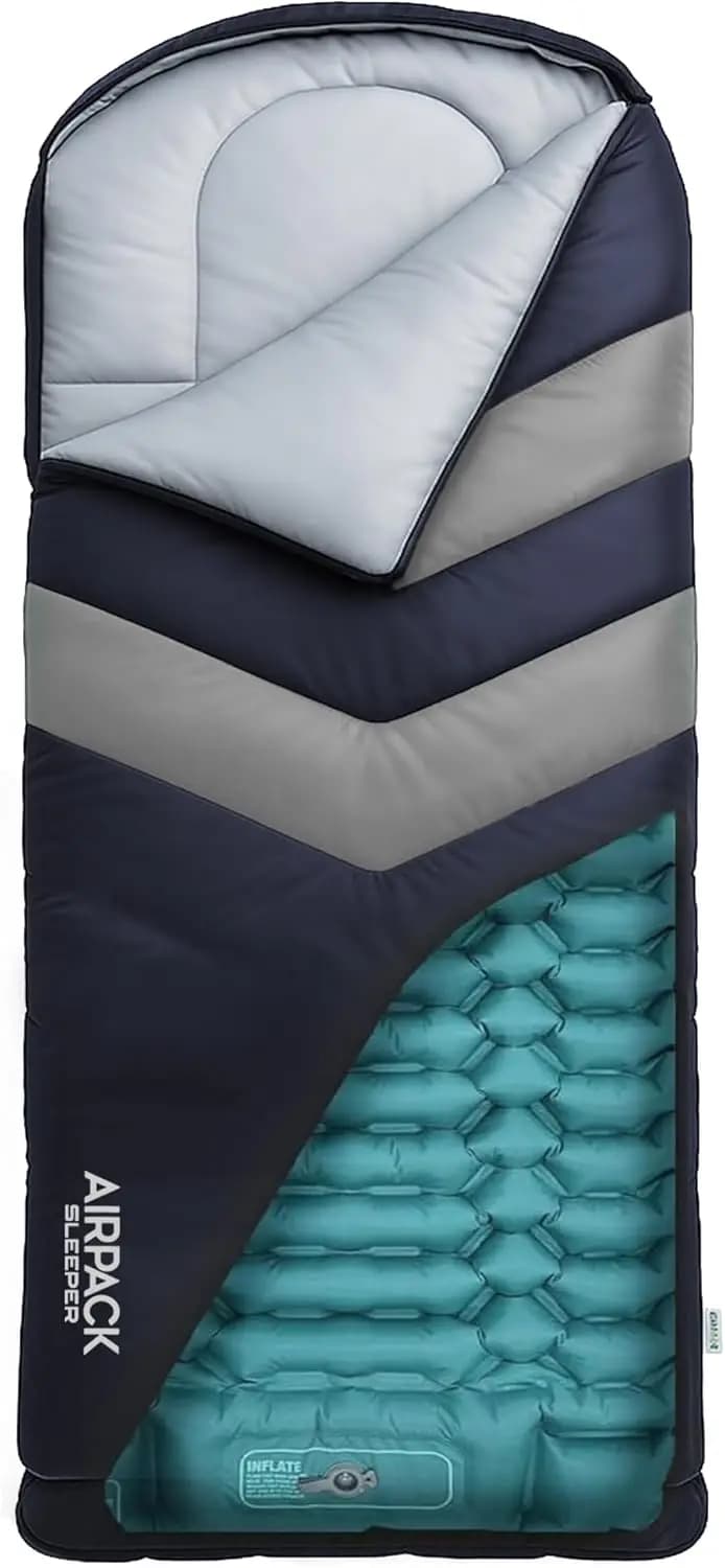 Sacco a pelo gonfiabile per bambini con materassino integrato, adatto fino a 137 cm, per campeggio e viaggi (Blu/Grigio)