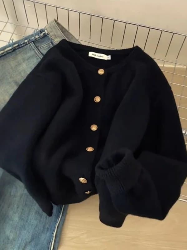Giacca in Maglia da Donna Taglie Forti Nera, Design per il Pendolarismo, Bottoni Dorati, Stile Artistico, Maniche Lunghe, Invernale Spessa