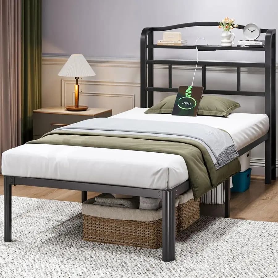 Container bed headboard with charging station, 14 inch sturdy metal bed frame, no spring net required, easy assembly
