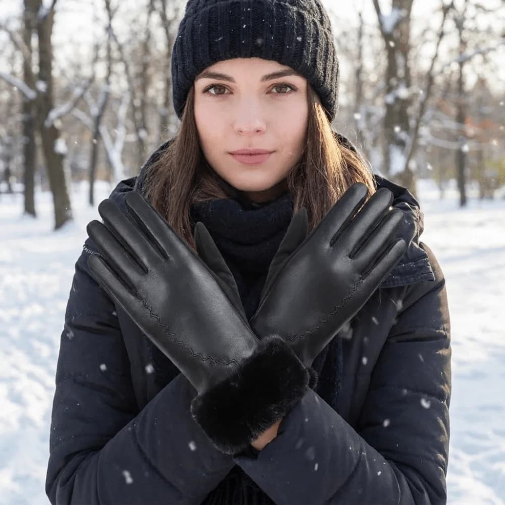 Fleece Lined Leather Gloves Fur Cuff Longer Wrist Touchscreen Gloves Anti-splash Water Touch Screen Winter Mittens Driving
