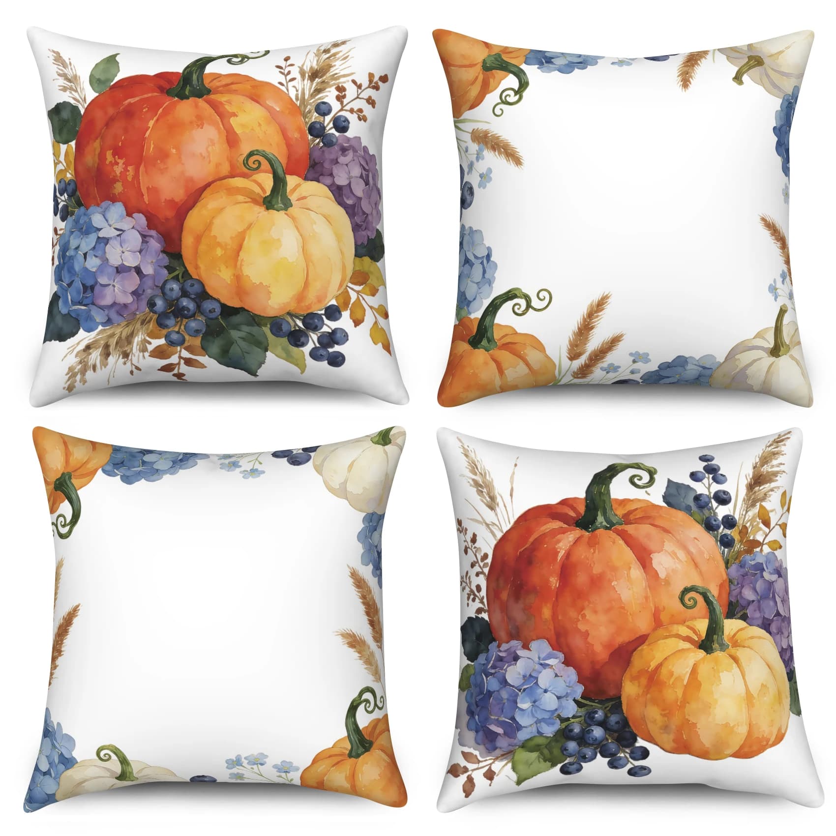 4Pcs/Set Watercolor Pumpkin Throw Pillow Covers, Fall Thanksgiving Hydrangea Pillowcases, Polyester/Linen, Farmhouse Home Decor