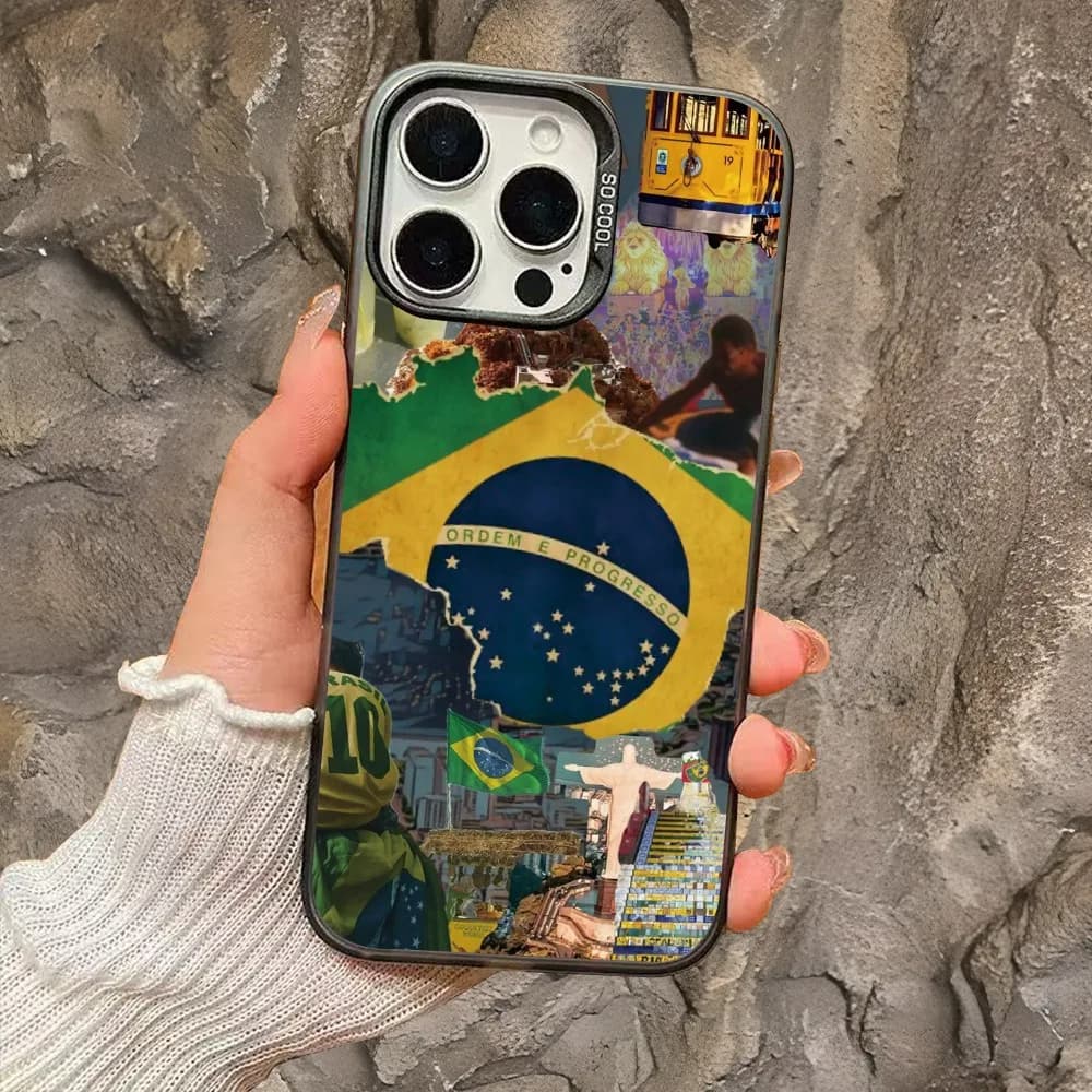 Phone case: 2026 popular Brazilian flag art, Rio logo relief, trend aesthetics, anti-drop protection, suitable for iPhone 17 and all Apple iPhone series