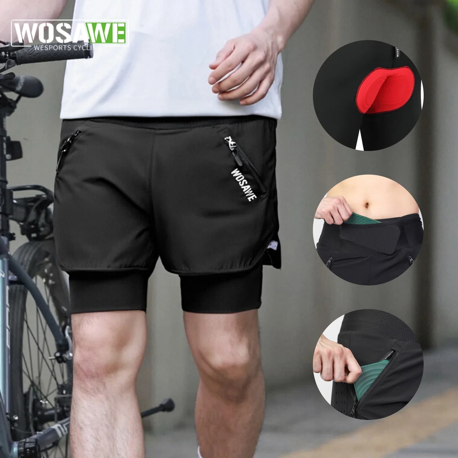 Cycling Shorts 2 in 1 WOSAWE for Men, Quick Drying, Breathable, For Active Training, Exercise, Jogging, With Waist Pockets